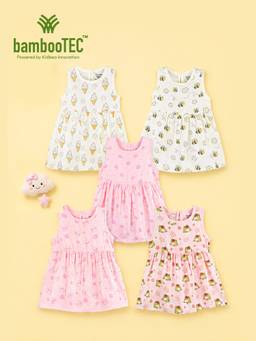 Kidbea - Multi-Color Bamboo Cotton Cozy Daily Sleeveless Frock Dress (Pack of 5)