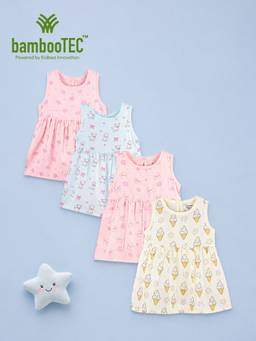 Kidbea - Multi-Color Bamboo Cotton Light Airy Sleeveless Frock Dress (Pack of 4)