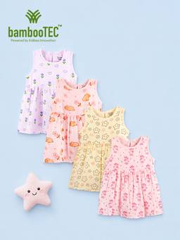 Kidbea - Multi-Color Bamboo Cotton Easy Fit Sleeveless Frock Dress (Pack of 4)