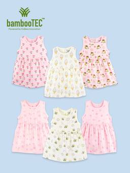 Kidbea - Multi-Color Bamboo Cotton Soft Summer Sleeveless Frock Dress (Pack of 6)