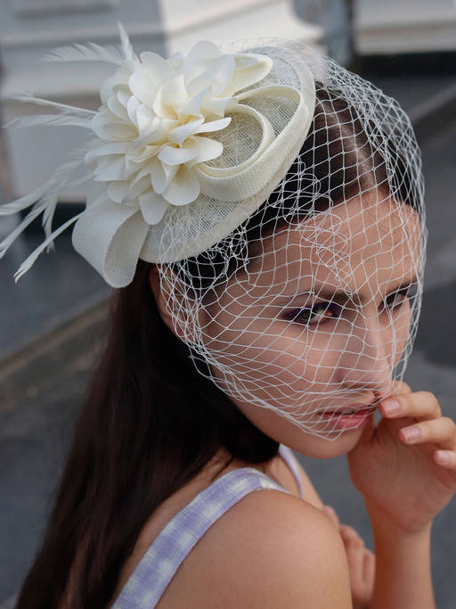 Buy Odette White Netted Veil Rounded Fascinator Online display picture 3
