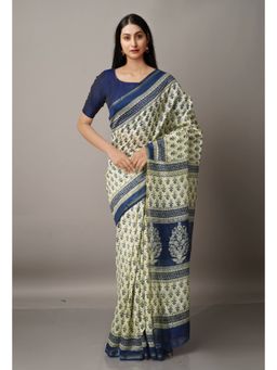 Unnati Silks - Beige Pure Ajrakh Sico Saree with Unstitched Blouse