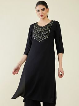 Soch - Women Black Rayon Embroidered Kurta