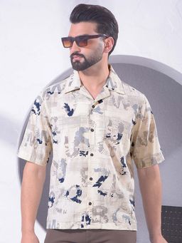CRIMSOUNE CLUB - Men Beige Printed Resort-Collar Linen Shirt