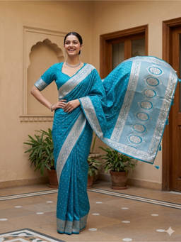 Koskii - Turquoise Blue Silk Buti Gold Stonework Saree with Unstitched Blouse