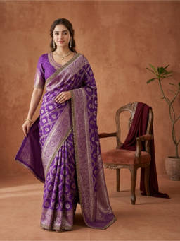 Koskii - Purple Silk Jaal Gold Stonework Saree with Unstitched Blouse