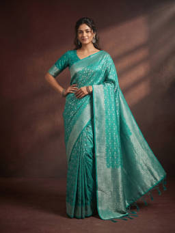 Koskii - Turquoise Blue Satin Jaal Saree with Unstitched Blouse