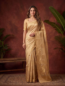 Koskii - Beige Silk Jaal Kanjivaram Saree with Unstitched Blouse