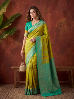 Koskii - Parrot Green Silk Jaal Saree with Unstitched Blouse