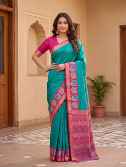 Koskii - Turquoise Blue Silk Jaal Saree with Unstitched Blouse