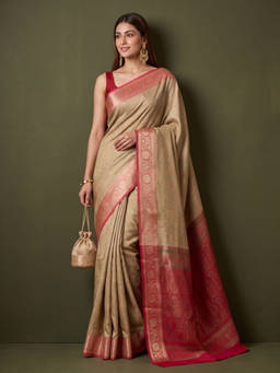 Koskii - Off White Art Silk Jaal Saree with Unstitched Blouse