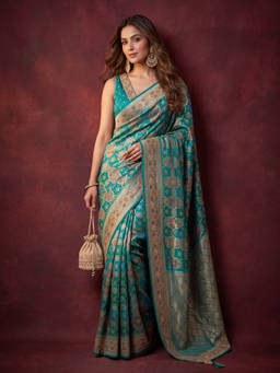 Koskii - Rama Green Art Silk Jaal Gold Stonework Saree with Unstitched Blouse