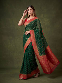 Koskii - Bottle Green Art Silk Buti Saree with Unstitched Blouse
