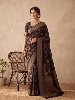 Koskii - Black Silk Jaal Saree with Unstitched Blouse