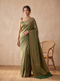 Koskii - Bottle Green Silk Jaal Saree with Unstitched Blouse