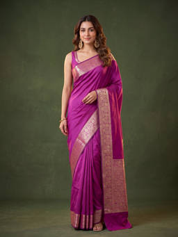 Koskii - Magenta Pink Art Satin Plain Saree with Unstitched Blouse