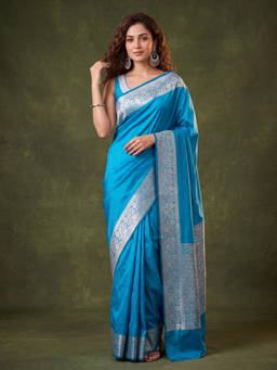 Koskii - Peacock Blue Art Satin Plain Saree with Unstitched Blouse