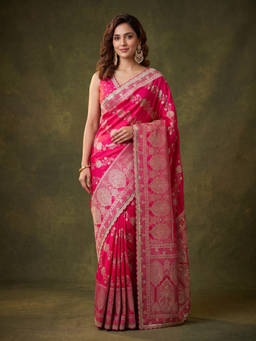 Koskii - Rani Pink Art Silk Jaal Gold Stonework Saree with Unstitched Blouse