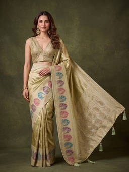 Koskii - Pista Green Art Silk Jaal Saree with Unstitched Blouse
