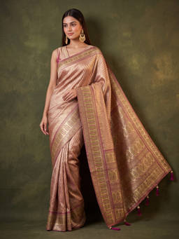 Koskii - Beige Art Silk Jaal Saree with Unstitched Blouse