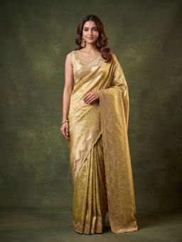 Koskii - Pista Green Art Silk Jaal Gold Stonework Saree with Unstitched Blouse