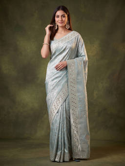 Koskii - Sky Blue Art Silk Jaal Mirrorwork Saree with Unstitched Blouse