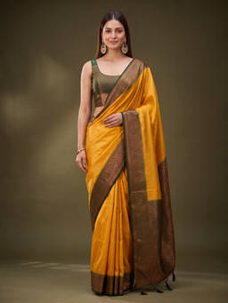 Koskii - Mustard Yellow Art Silk Jaal Saree with Unstitched Blouse
