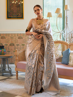 Odette - Festive Grey Tissue Woven Saree with Unstitched Blouse