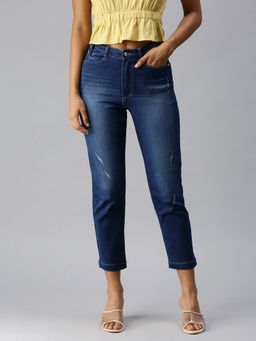 SHOWOFFFF - Women Low Distress Blue Straight Fit Denim Jeans
