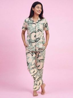 JULIANA DREAM - Womens Olive Green Cotton Printed Shirt And Pyjama