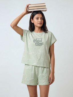 JULIANA DREAM - Womens Sage Green Cotton Printed T-Shirt And Shorts