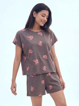 JULIANA DREAM - Womens Dark Grey Cotton Printed T-Shirt And Shorts