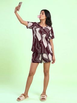 JULIANA DREAM - Womens Maroon Cotton Printed Shirt And Shorts