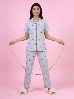 JULIANA DREAM - Womens Sky Blue Cotton Printed Shirt And Pyjama