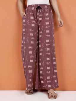 Kryptic - Women Cotton Baggy Fit Printed Lounge Pant With Side Pocket Maroon