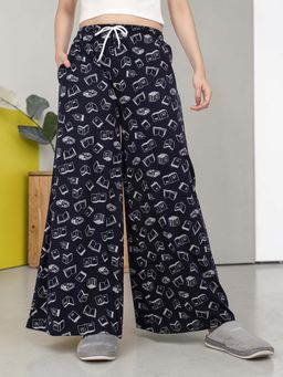 Kryptic - Women Cotton Baggy Fit Printed Lounge Pant With Side Pocket Navy Blue