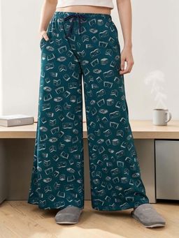 Kryptic - Women Cotton Baggy Fit Printed Lounge Pant With Side Pocket Teal