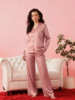 Chelvet - Pink Satin Full Sleeves Shirt And Pyjama (Pack of 2)