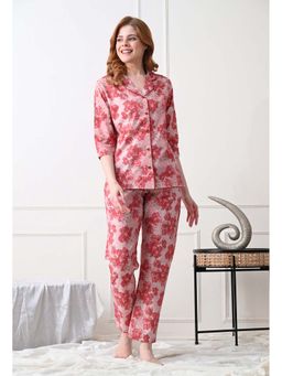KIZA - Womens Cotton Nightsuit With Floral Print - Peach