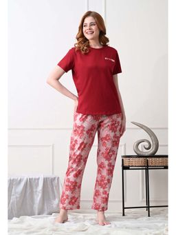 KIZA - Womens Cotton Nightsuit With Floral Print - Red