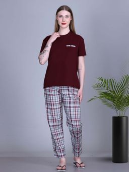 KIZA - Womens Cotton Nightsuit With Checks Print Maroon