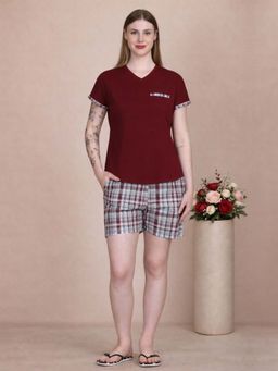 KIZA - Womens Cotton Nightsuit With Check Print - Maroon