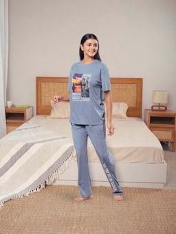 KIZA - Womens Tencel Pyjama With Graphic Print T-Shirt - Dusty Blue
