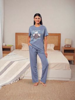 KIZA - Womens Tencel Pyjama With Graphic Print T-Shirt - Dusty Blue