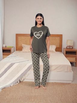KIZA - Womens Tencel Pyjama With Sweet Moment Print T-Shirt - Olive Green