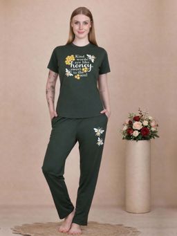 KIZA - Womens Tencel Pyjama With Honey Bee Graphic Print T-Shirt - Olive Green