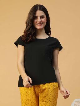 Oxolloxo - Women Black Lace Detail Short Sleeve Round Neck Nightwear Top