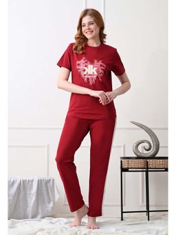 KIZA - Womens Cotton Knit Pyjama With Graphic Print - Maroon