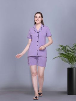 KIZA - Womens Cotton Nightsuit With Solid Pattern - Lavender
