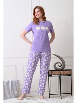 KIZA - Womens Cotton Knit Nightsuit With Daisy Print - Lavender